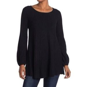 Black Robbed Knit Blouson Sleeve Sweater